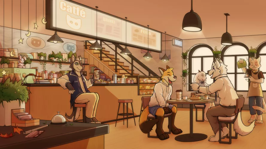 Hanging out with friends in a cafe shop by WildPurpleBeans