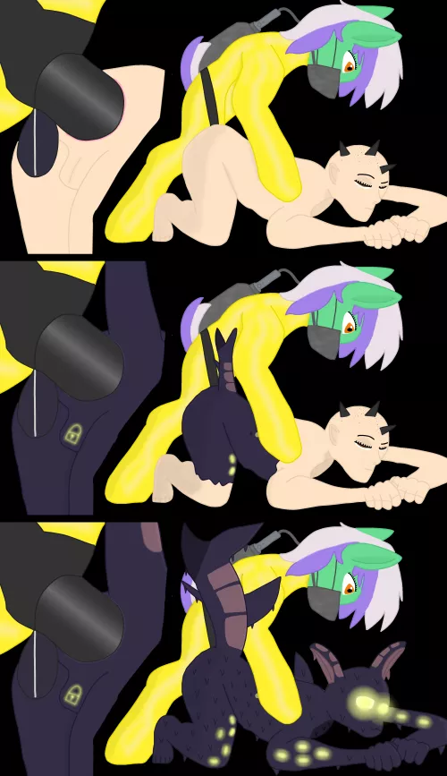 Lesbian earth pony with latex suit turns a human into a shark. Using a strapon connected to a container of assimilative Garax goo. (OC) by Xada_Nep_zealot