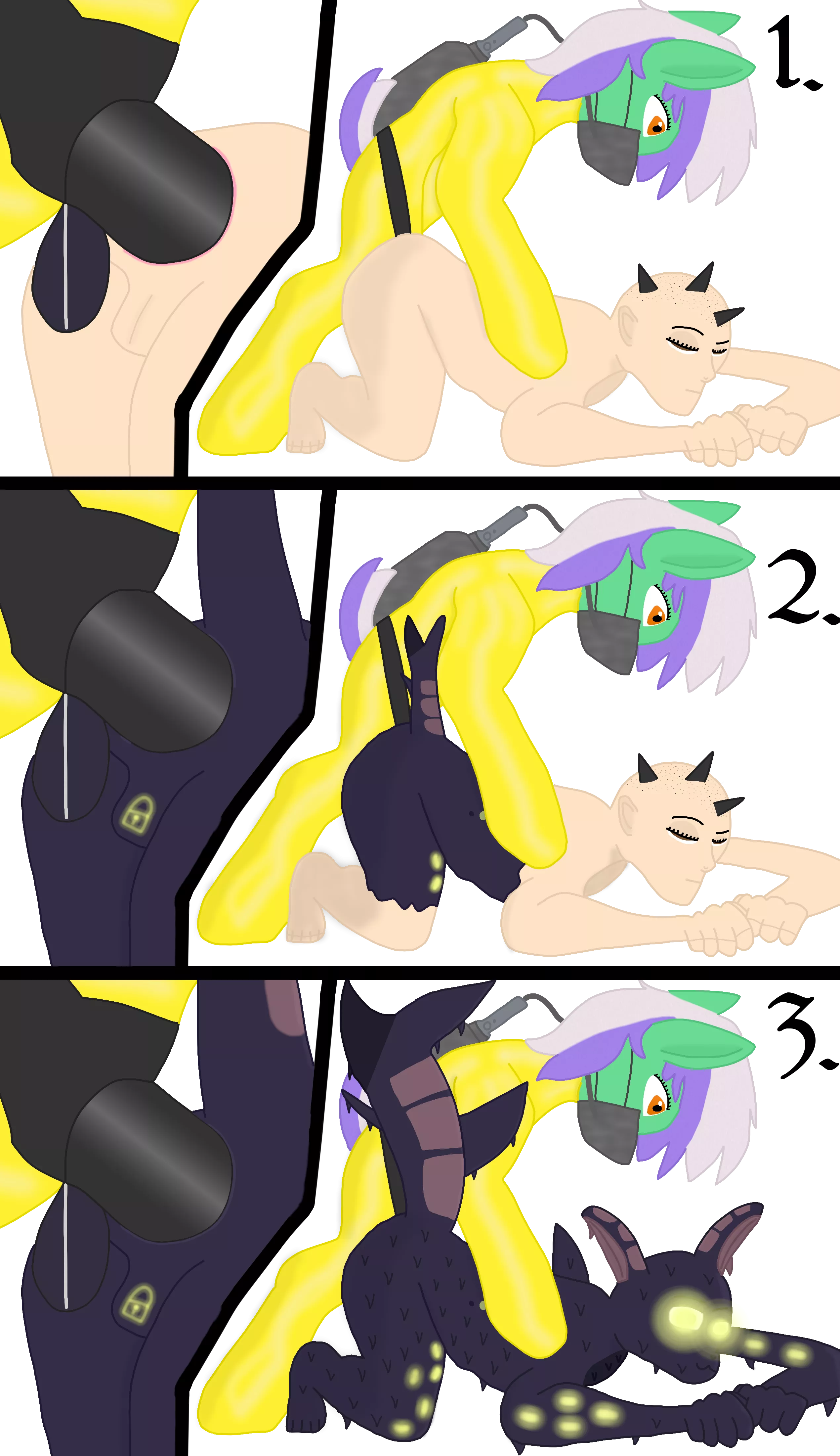 Lesbian earth pony with latex suit turns a human into a shark. Using a strapon connected to a container of assimilative Garax goo. (OC) posted by Xada_Nep_zealot