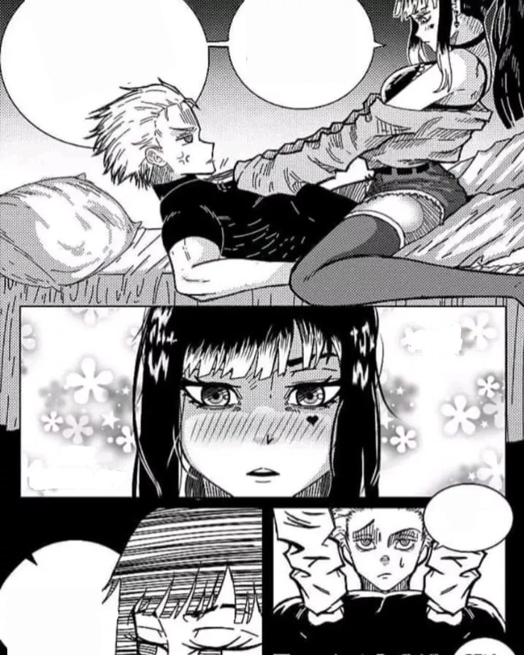 Mono: 1girl, 1boy, text bubble, on bed, thighhighs, bangs, long hair, short hair, black t-shirt, denim shorts, girl on top, sweat, black hair, manga, heart shaped under eye, angry, choker, ponytail, petals  posted by kei-kazuki