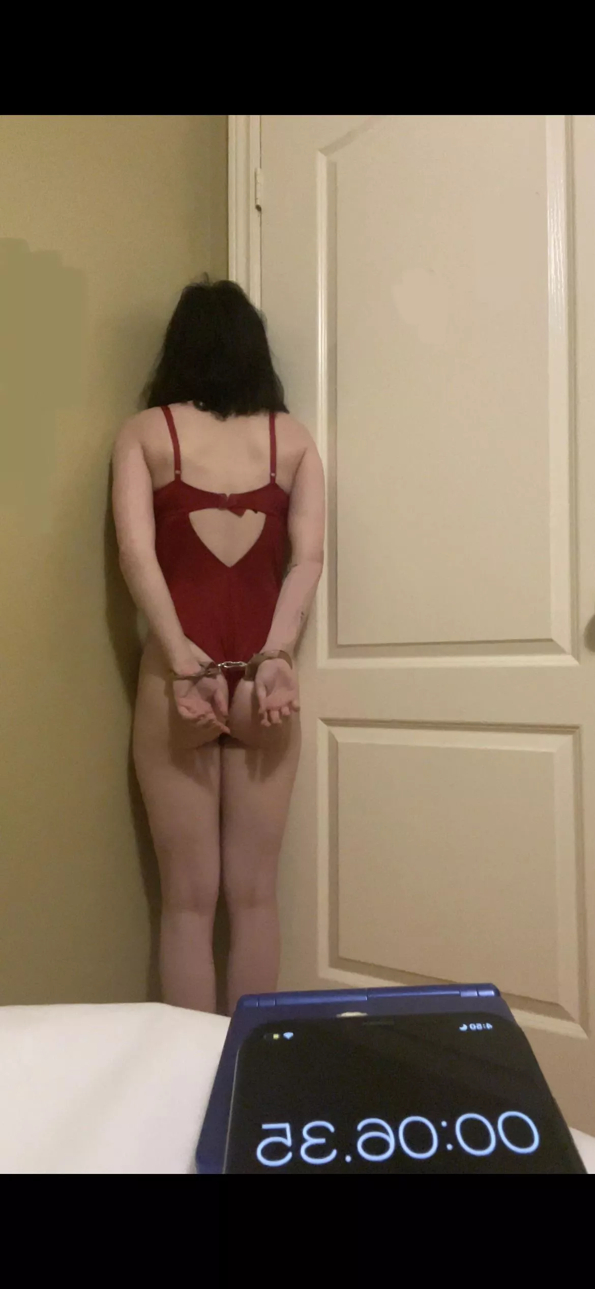 Self cuffed, standing in the corner alone posted by kinkiestcouplee