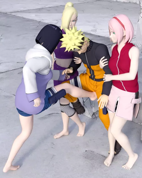 Sakura, Hinata and Ino agree to help Naruto with his training to become Hokage, but it’s not quite what he had in mind. Sakura and Ino grab his arms, while Hinata starts kicking his balls [Naruto] (SoleMann) by SoleMann_
