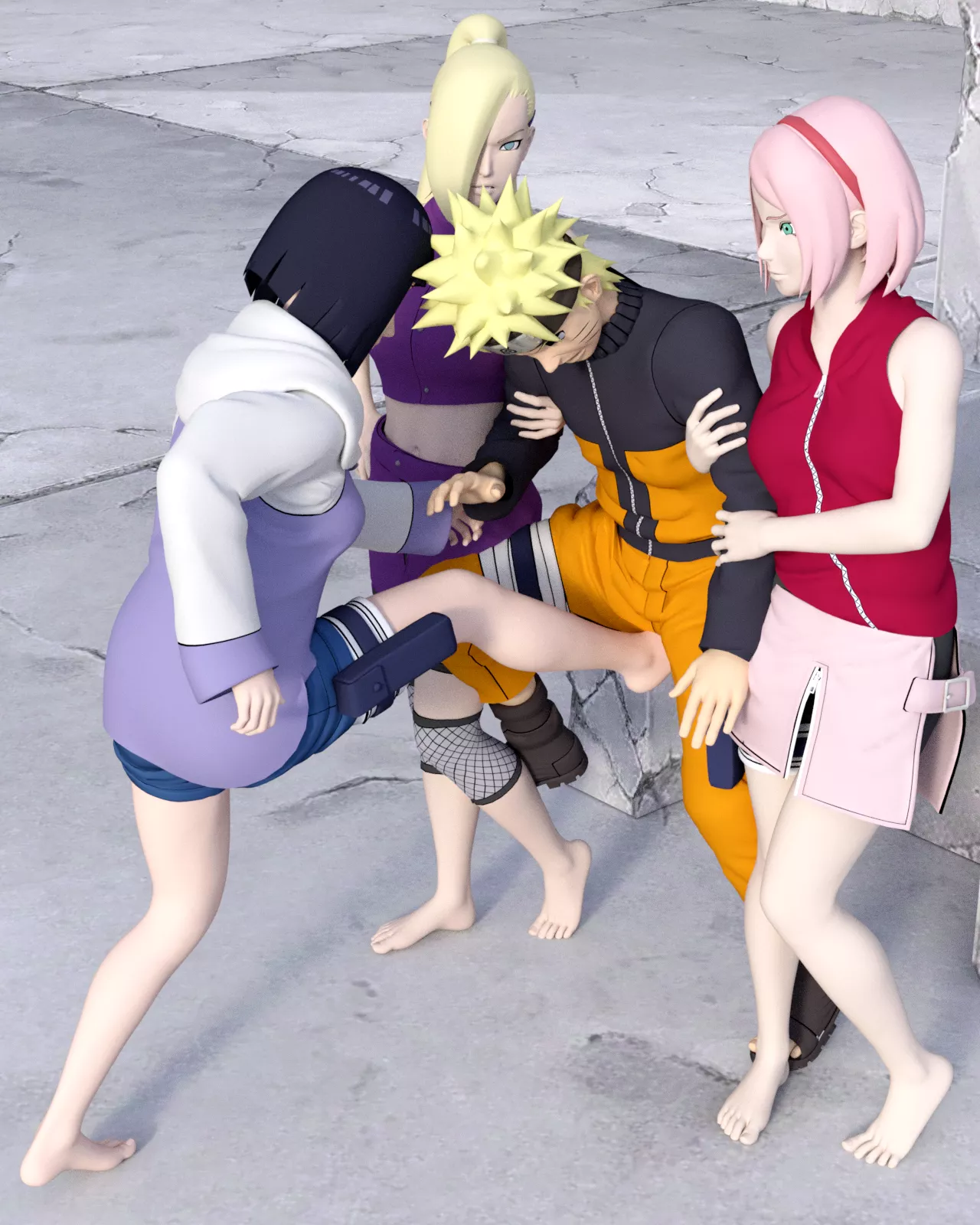 Sakura, Hinata and Ino agree to help Naruto with his training to become Hokage, but it’s not quite what he had in mind. Sakura and Ino grab his arms, while Hinata starts kicking his balls [Naruto] (SoleMann) posted by SoleMann_