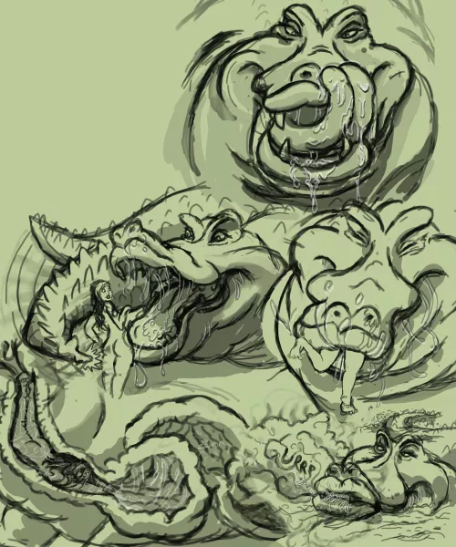 {image} 'skinny dippin' (WIP) (comic) (art by yourdarlingpuppy) (Crocodile x F) (human prey) (oral vore) (x-ray) (burp) (drool) by yourdarlingpuppy
