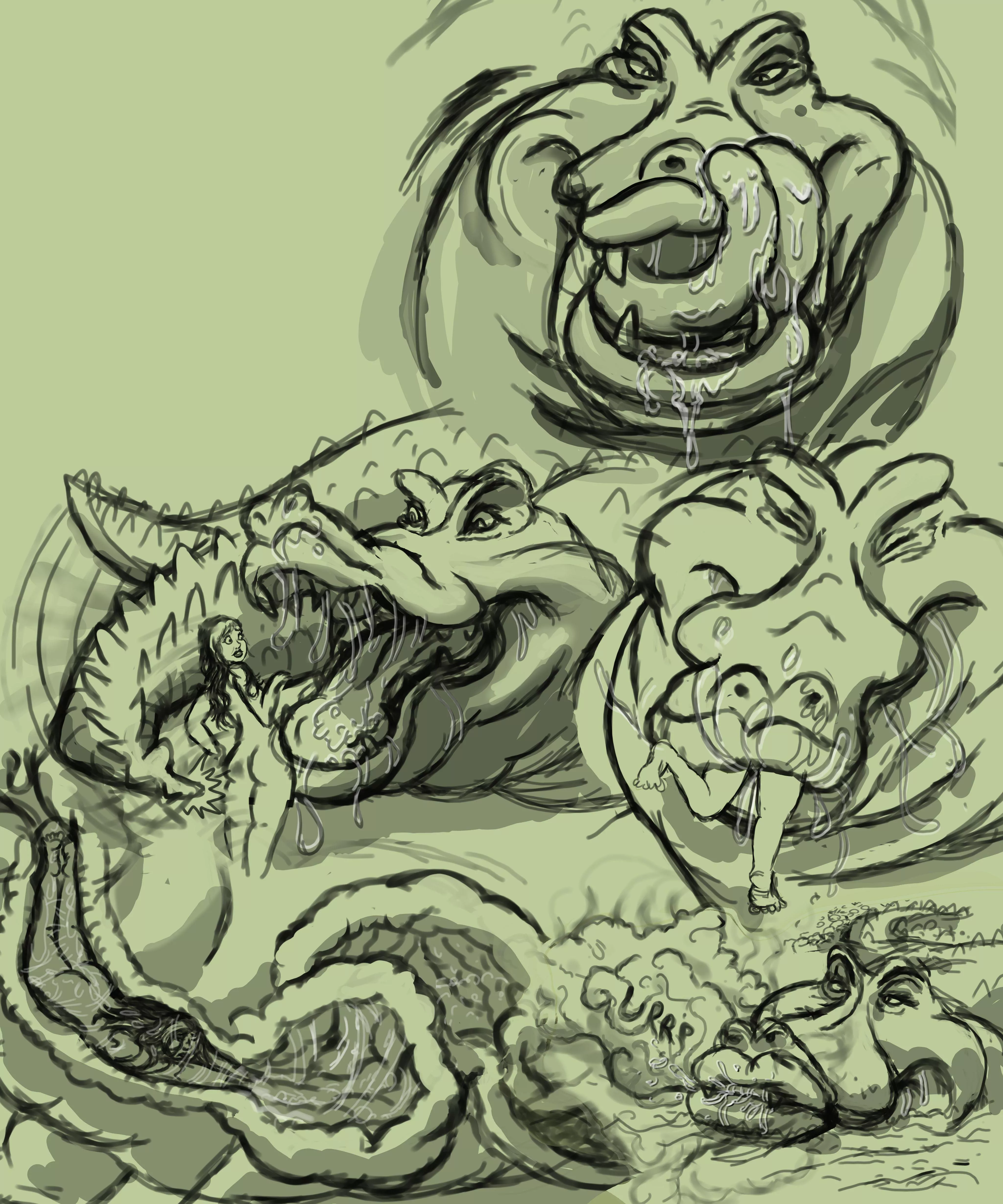 {image} 'skinny dippin' (WIP) (comic) (art by yourdarlingpuppy) (Crocodile x F) (human prey) (oral vore) (x-ray) (burp) (drool) posted by yourdarlingpuppy