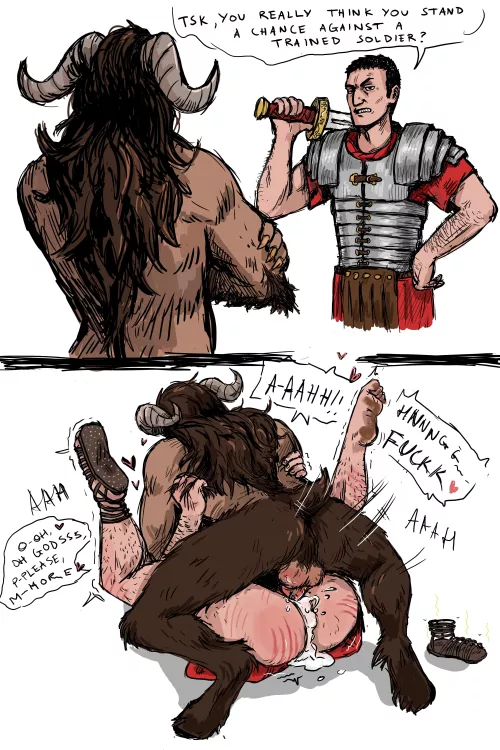 That Roman Legionary is probably wishing he didn't wear a tunic with such easy access while fighting the Minotaur  by NlGHTW0LF