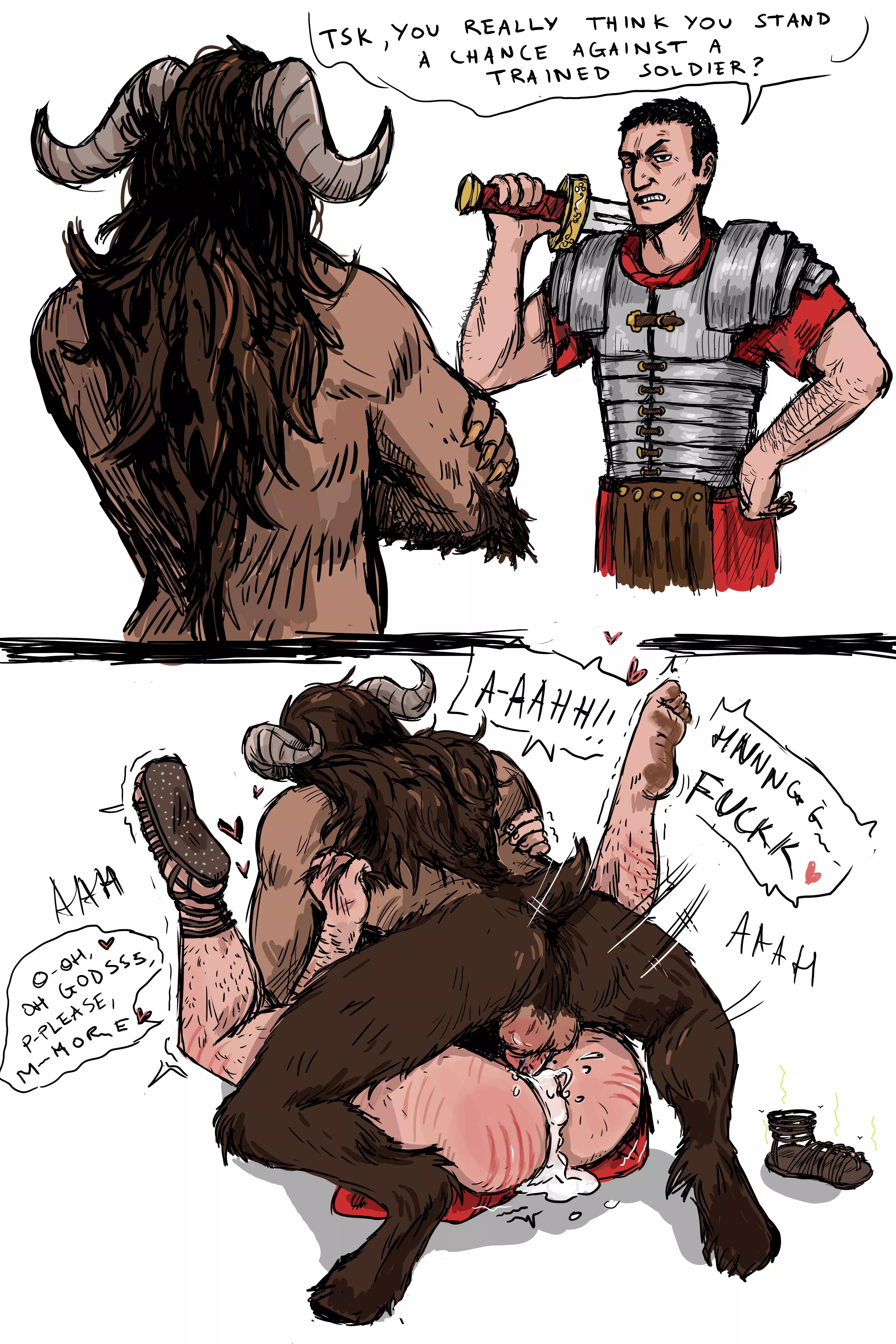 That Roman Legionary is probably wishing he didn't wear a tunic with such easy access while fighting the Minotaur  posted by NlGHTW0LF