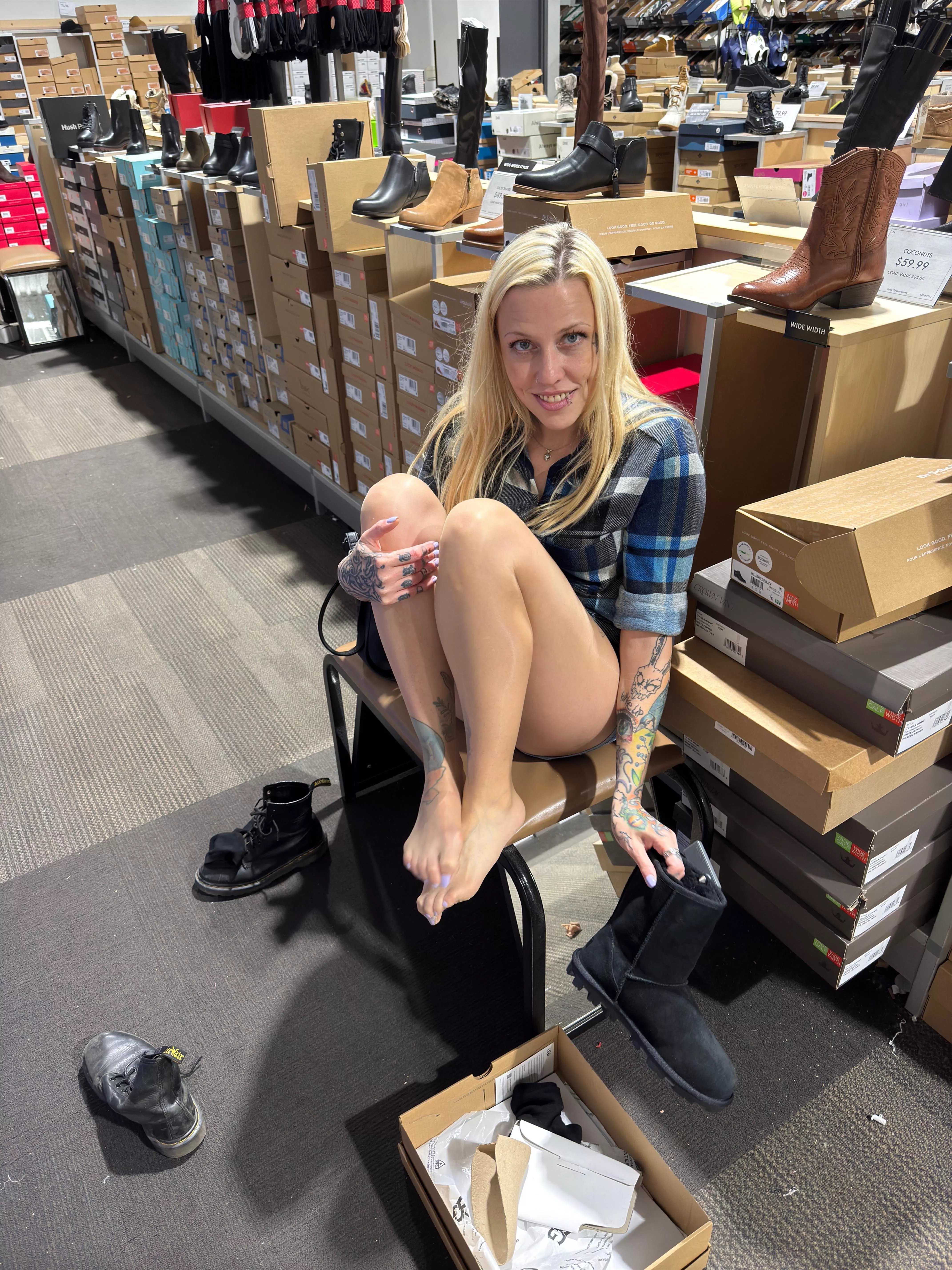 Trying on some shoes at the store while wearing pantyhose. posted by britneyblade
