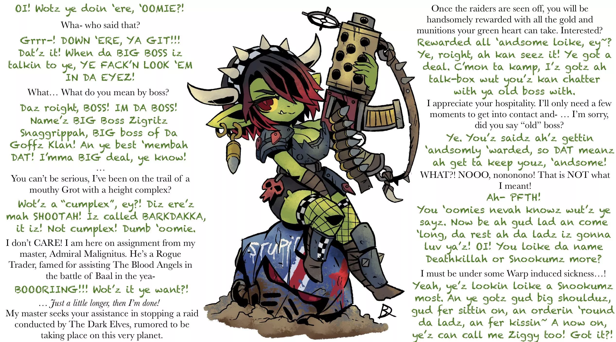 You have been sent to do negotiations with a klan of Goffs. Emperor protects. [shortstack] [Greenskin/Grot/Goblin/Ork] [Warhammer] [U Wot Mate] Made with the help of u/MtG-Ti art by [Kabooski01](https://twitter.com/Kabooski01?ref_src=twsrc%5Egoogle%7Ctwc posted by ChaosMageTorvus