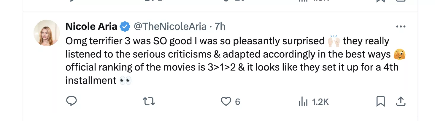 Nicole Aria reviews Terrifier 3 posted by DSCholly