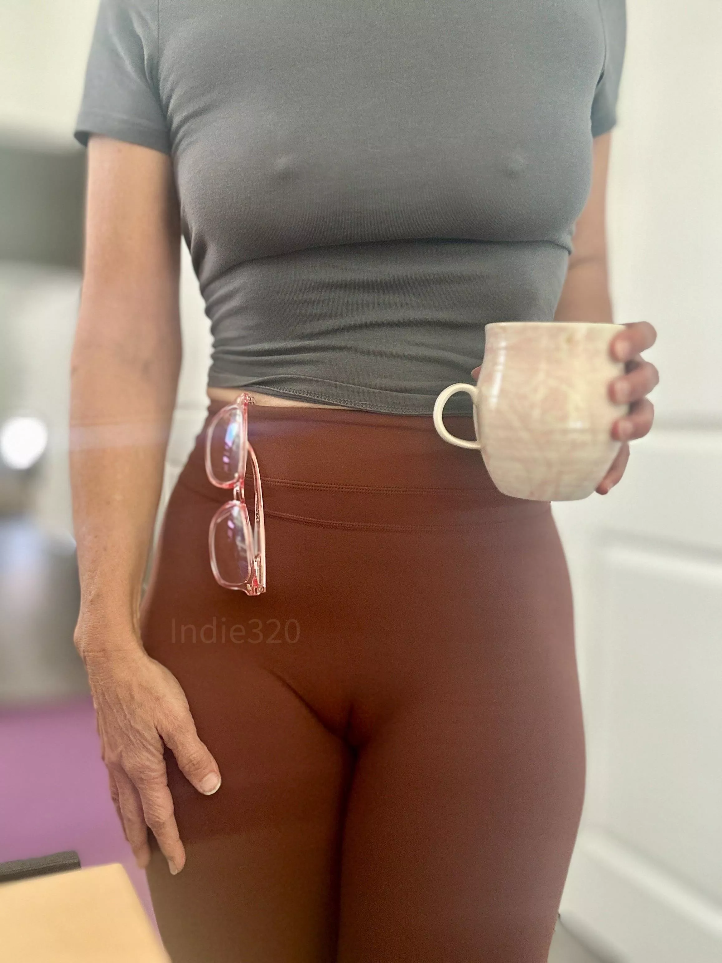 Finishing my coffee then heading to the gym in leggings pulled to fit just right ;) posted by Indie320