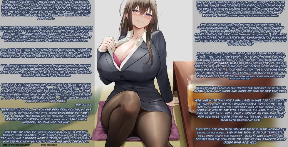 your productive coworker seems to be a lot closer with her friend than you thought, and after a fun night hanging she has a prize for you at the abrupt end of the party. [milking] [offscreen yuri] [size comparison] [imminent HR problems] [Large Breasts]  by frankthelonglustson