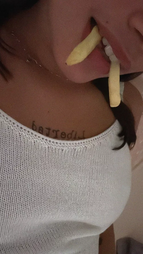 Just lying here with fries... think you can get one in my mouth using yours?? by PinkPetalBlush