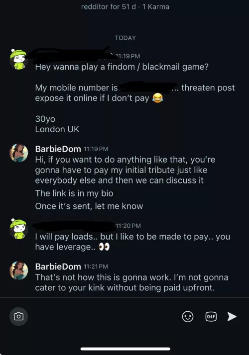 Oh yes, random man I’ve never done a session with, I’d love to cater to your kink for free in HOPES you will pay me afterwards 😐 by BarbieDom