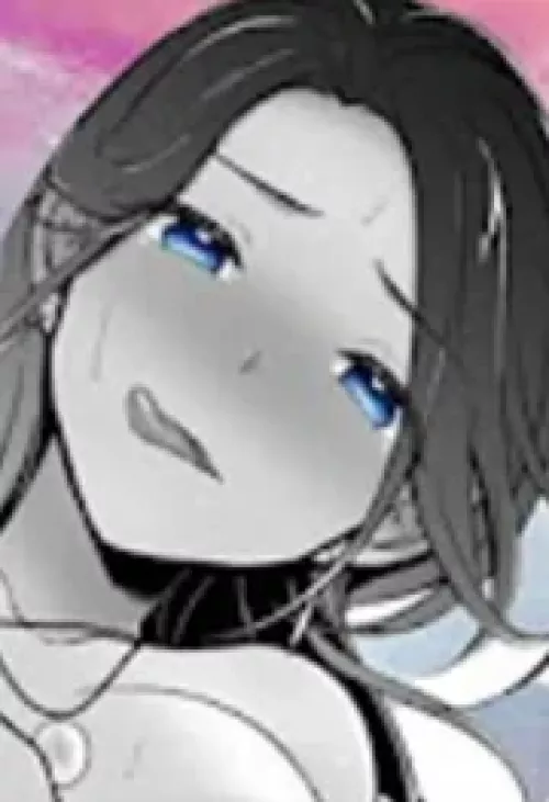 Color: 1girl, blue eyes, pink background, long hair, dark hair, sweat, frown, blush, close up, necklace, licking lips  by kei-kazuki