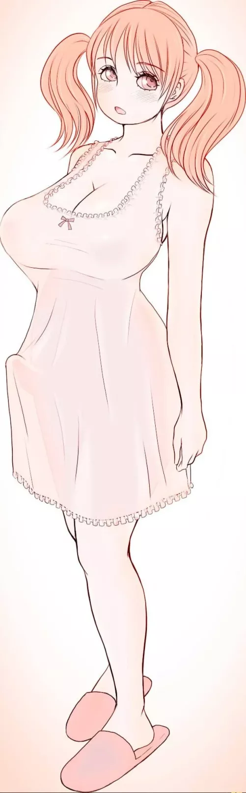 Color: 1girl, orange hair, twintails, standing, huge breasts, penis, pink slippers, blush, looking at viewer, bangs, orange eyes, futanari, cleavage  by kei-kazuki