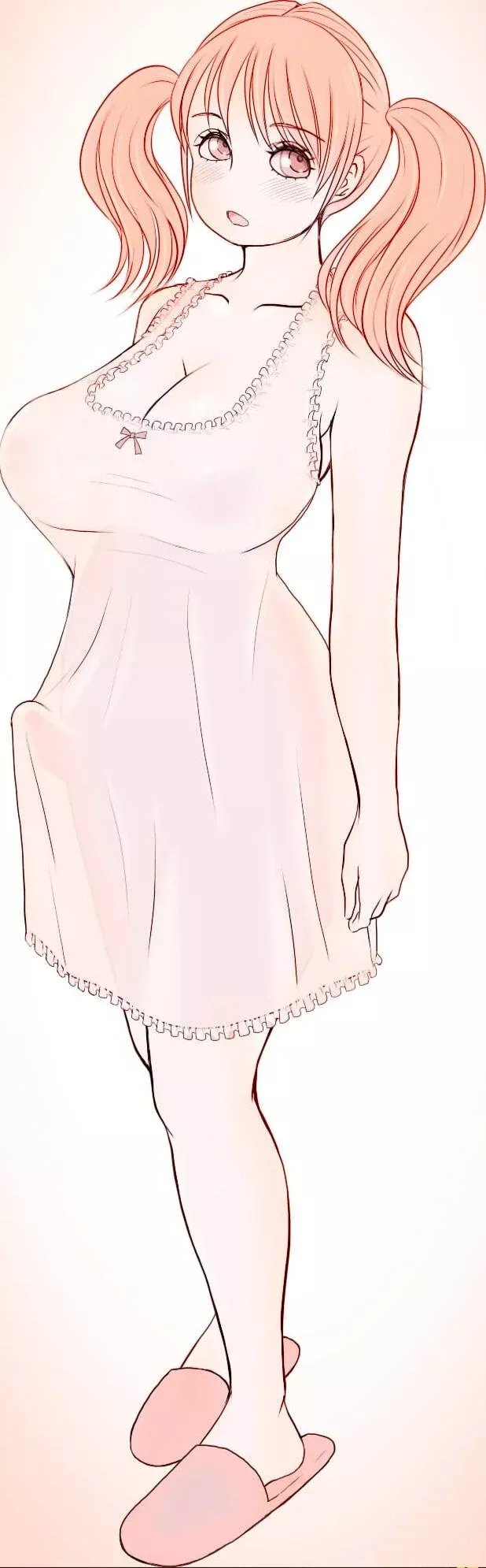 Color: 1girl, orange hair, twintails, standing, huge breasts, penis, pink slippers, blush, looking at viewer, bangs, orange eyes, futanari, cleavage  posted by kei-kazuki