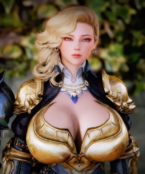 Color: 1girl, 3d, blonde hair, long hair, armor, blue eyes, earrings, huge breasts, side swept hair by kei-kazuki