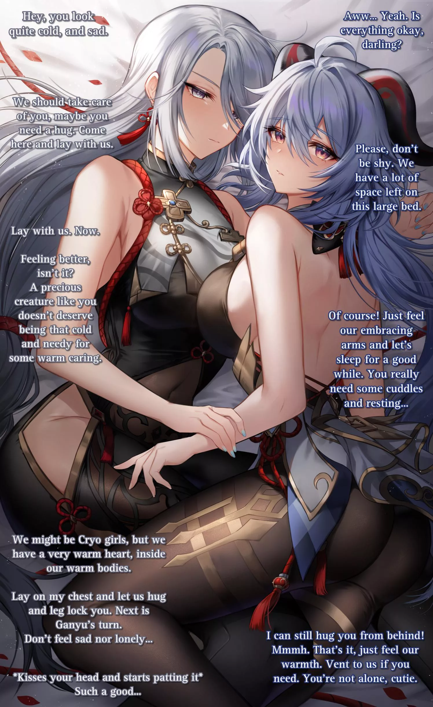 Heartwarming ice girls <3 [Genshin Impact] [Shenhe & Ganyu] [Gender Neutral POV] [No sex] [Cuddles & sleeping together] [Loving & caring] [Wholesome] posted by Dark_Chepo