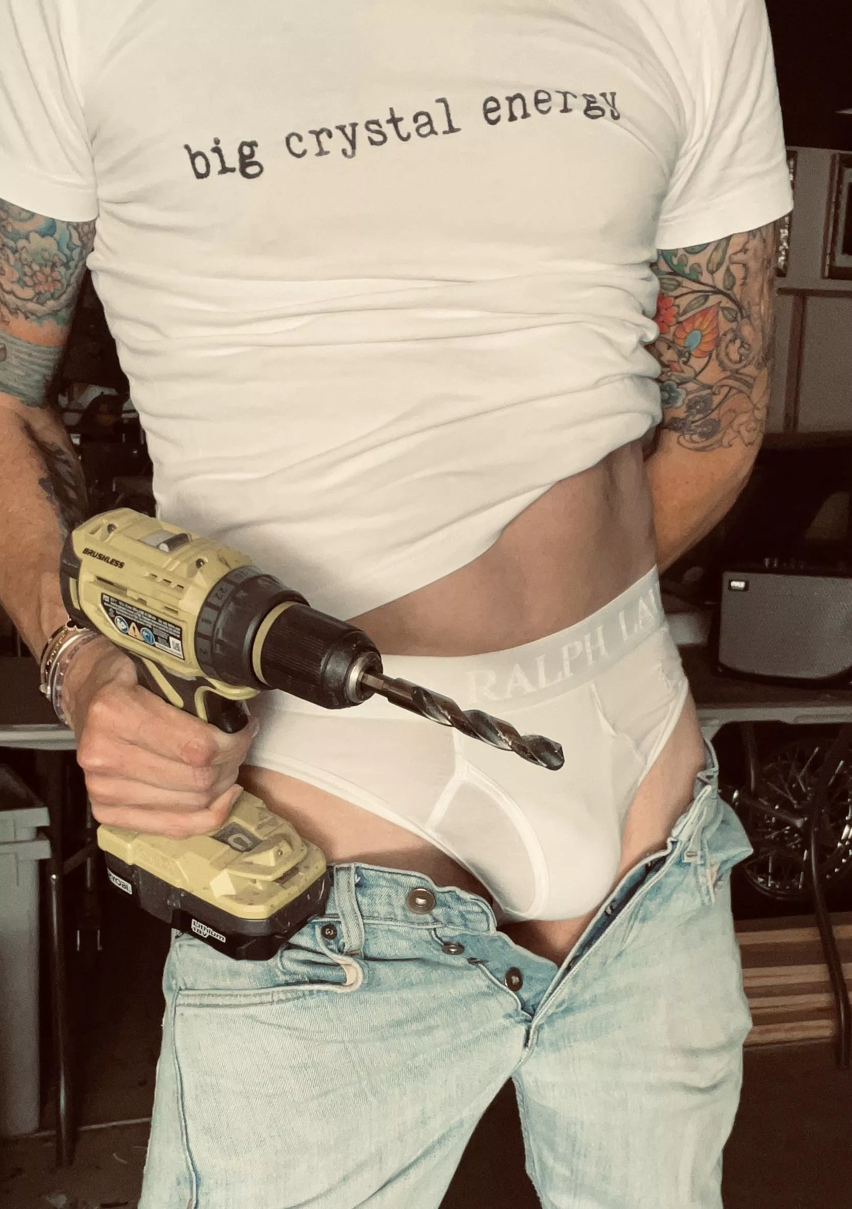 Putting a little effort into my composition.  I call this, “Drill, jeans and briefs.” I know. Original? What do you think? Should I do some more themed versions? 😂 posted by WhiteBriefsShowoff