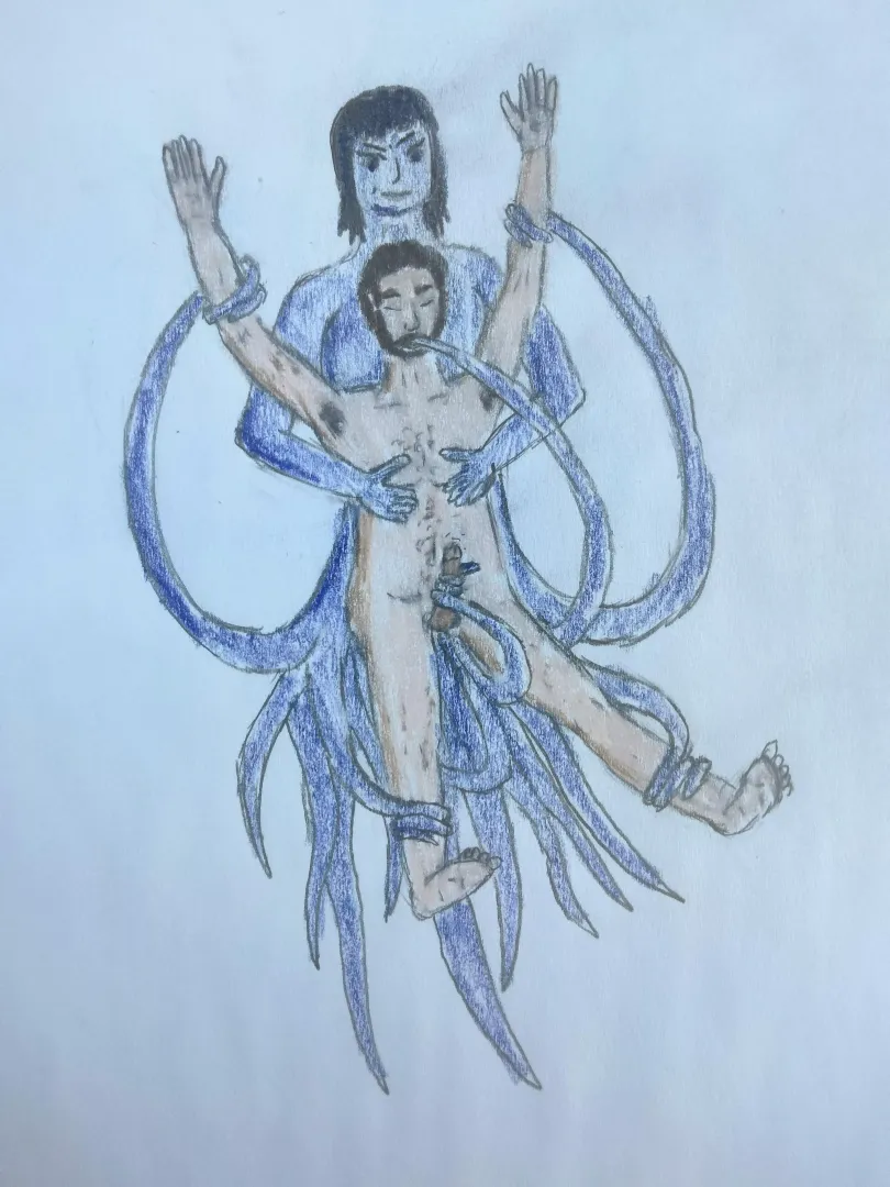 Even though I'm not yet the best at figure drawing yet, I wanted to start drawing my fantasies! Here's my attempt at a tentacled woman playing with me! by Weak-Kaleidoscope-70