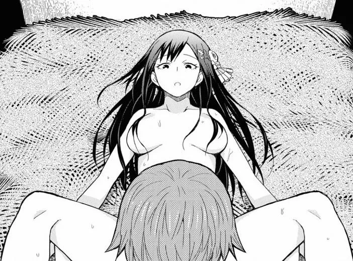 LF Mono Source: 1girl, 1boy, long hair, black hair, dark hair, hair ornament, nude, covered nipples, medium breasts, leg spread, sweating, laying down, bed posted by Yeetyeetspaghettimea