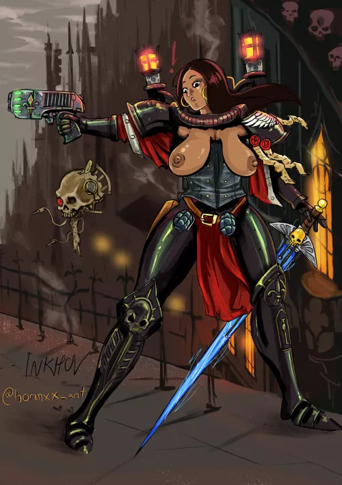 Oh! My chestplate flew off in the middle of defending Hive City :$ (@hornxx_art) source below
 by InKhov