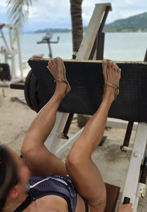 My favourite workout sandals in action at the beach gym by fantasychic99