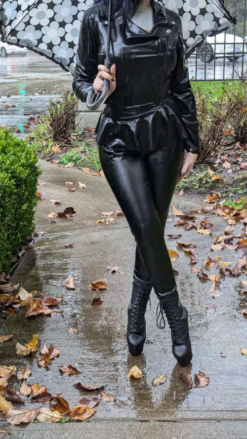 I like to take my shiny, sexy clothing for a walk and get it nice and wet by shoeteese