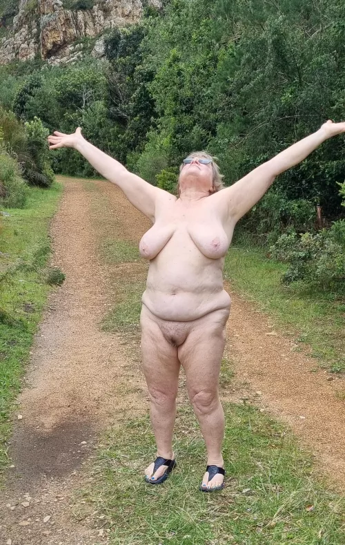 We were hiking in the mountains, just with a back pack (not in the pic), here I am rejoicing in my freedom by cuddlycamilla