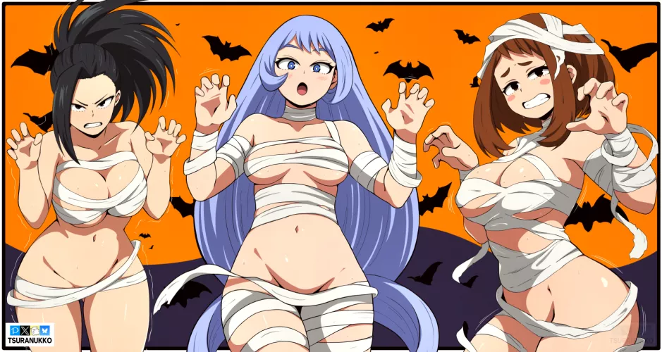 Happy Halloween From Momo, Nejire, and Uraraka, Art by me (@Tsuranukko)  by Tsuranukko