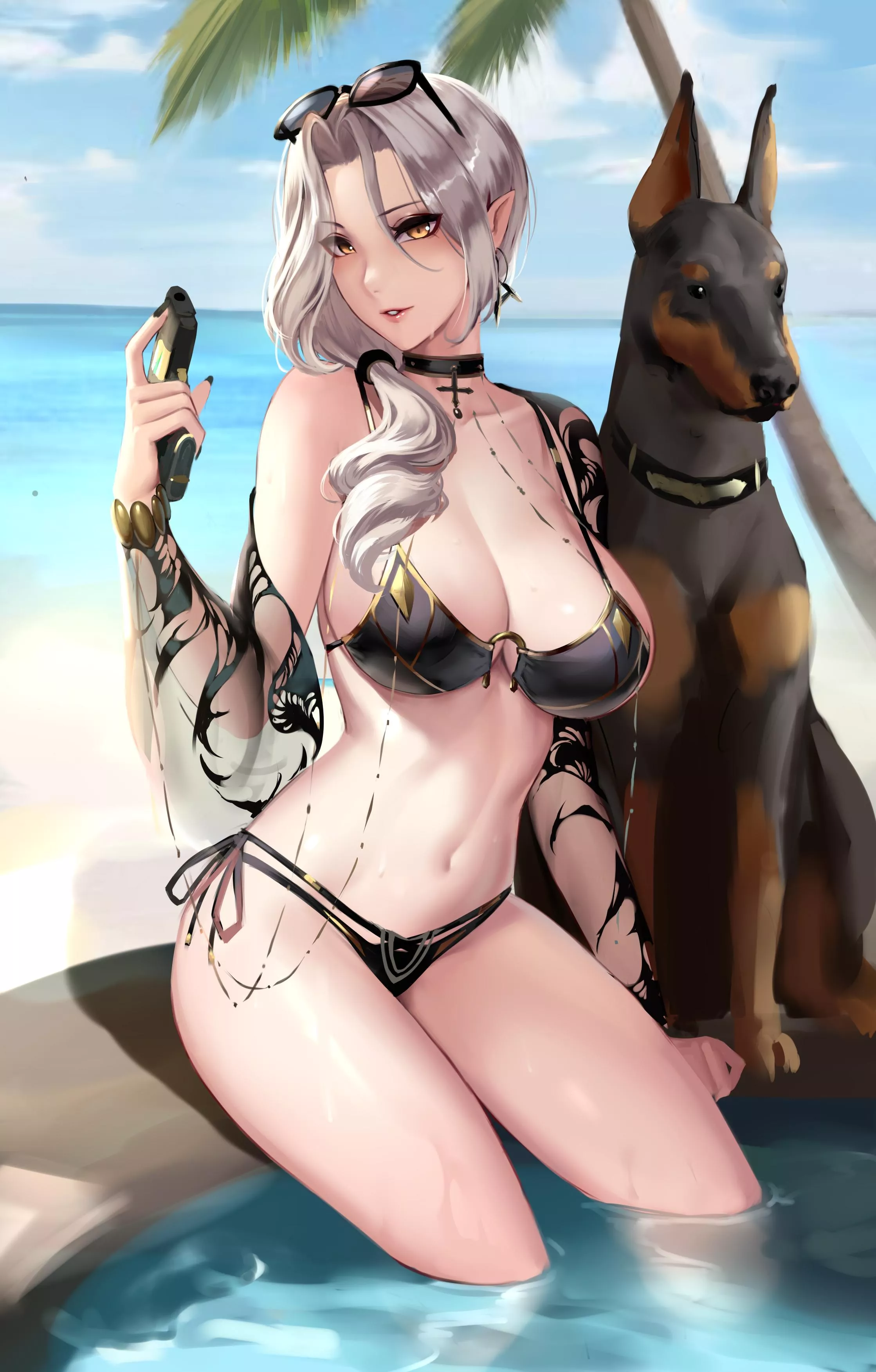 Carmilla gives a sexy pose with her Dobermann in the Beach [FGO] (Cian Yo) posted by ecchi_neko