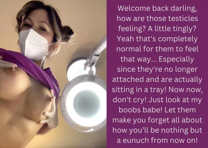 Welcome back darling, how are those testicles feeling? A little tingly? by Neutermenow