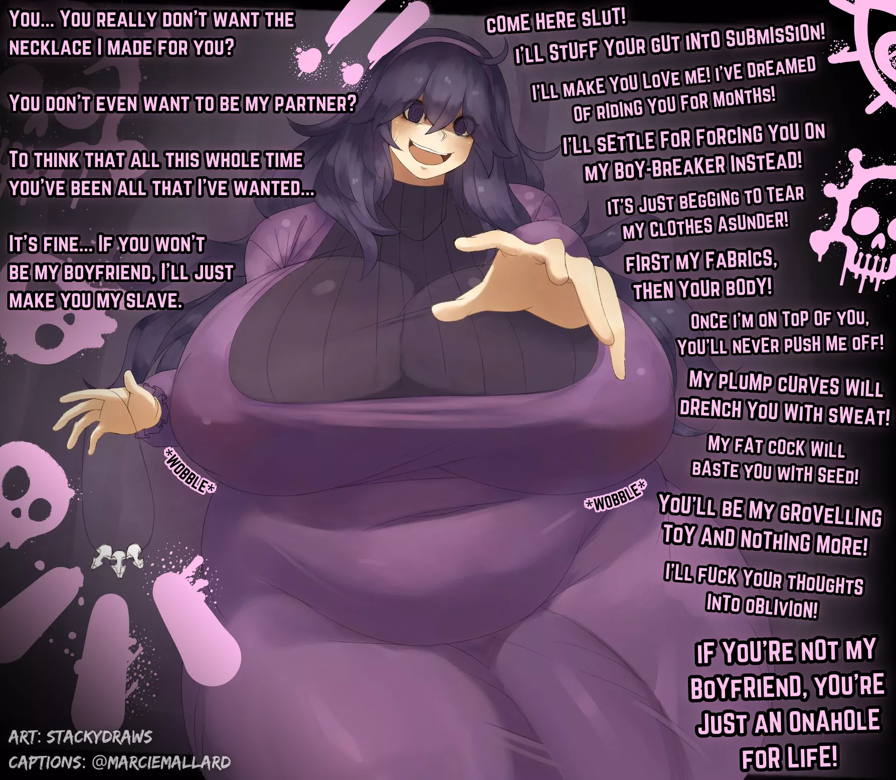 She'll make do with your answer. [POV] [Noncon] [Futanari] [Bulge] [BBW] [Yandere] [Credits in Caption] posted by MarcieMallard