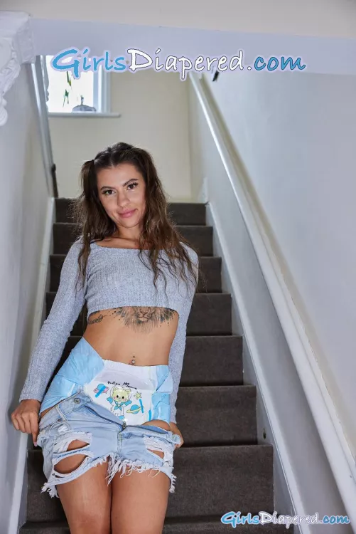 New...Xena Astro Babies diaper & denim shorts on the stairs... by GirlsDiapered