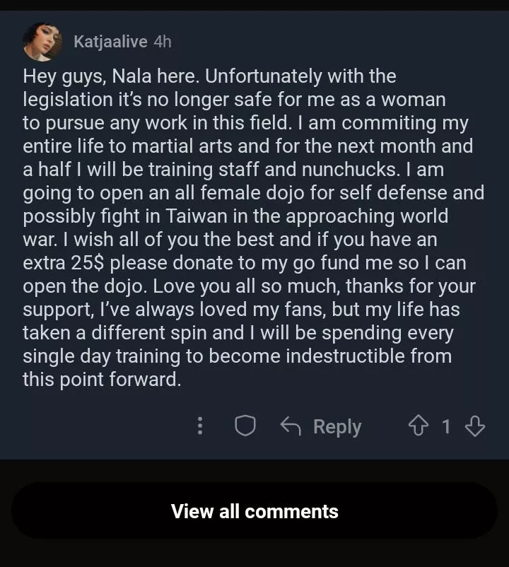 Nala Nova says it is no longer safe for her to do sex work due to the legislation and plans to change her career... Can someone explain what legislation she is reffering to? posted by drinkpea_