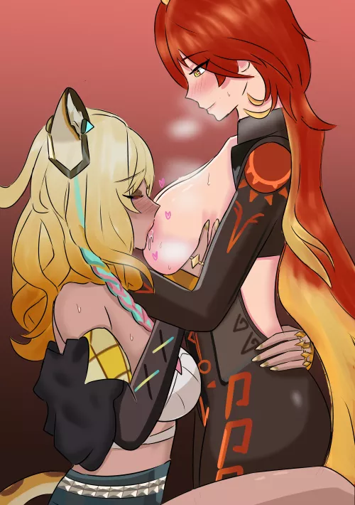 Mavuika rewarding her hard-working kitten [Genshin Impact]  by Winter_KitsuneArt