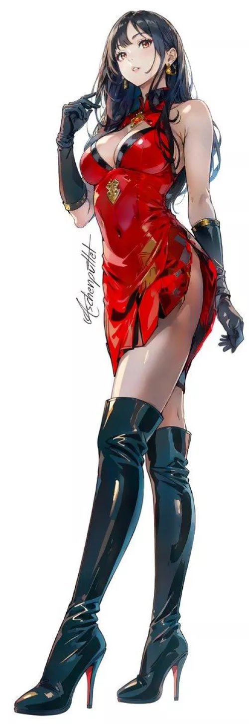 Red China Dress & Thigh Boots  by CheetahSperm18