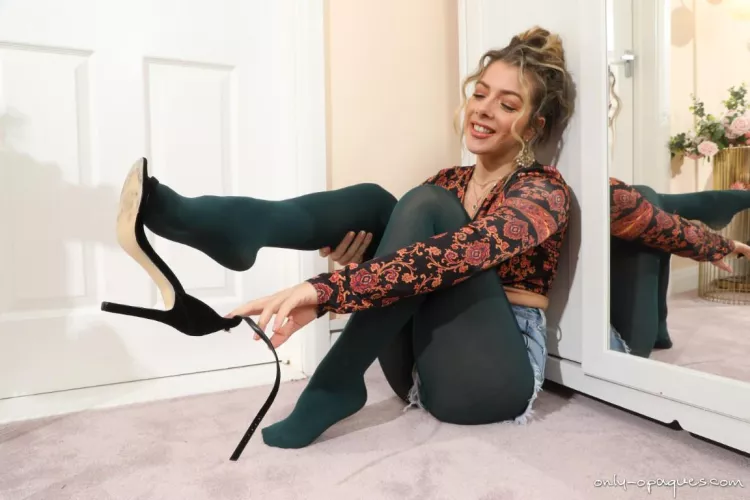 Tillie teasing in her jean shorts, high heels and green opaque pantyhose by TIPChris