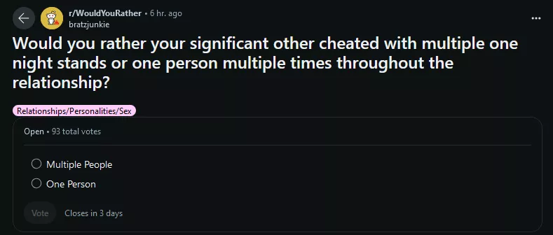 Between these two choices, what type turns you on the most when it comes to NTR stories? posted by Broad-Watercress8765