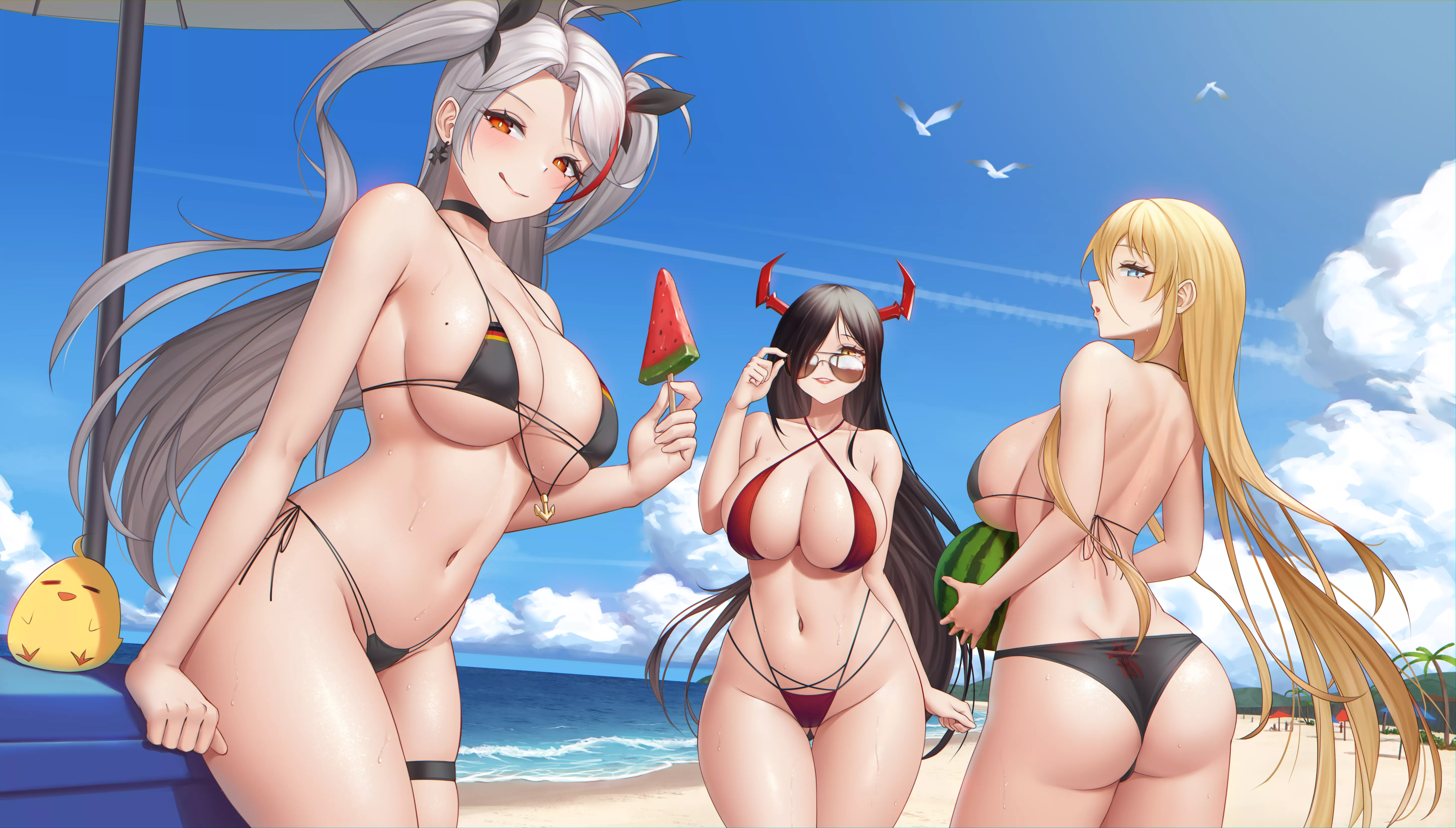 Prinz Eugen, Freidrich Der Grosse and Bismarck seducing the Commander with their thick bodies and tiny bikinis posted by Terran117