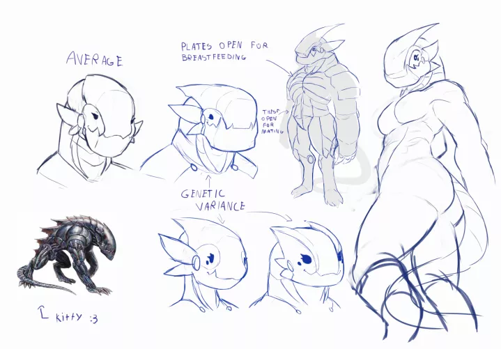 hey guys i been designing this d&d monster (steel predator) into a monstergirl. anyone got suggestions? u can be really open abt it's pretty early on the process thank u by Peppergiz