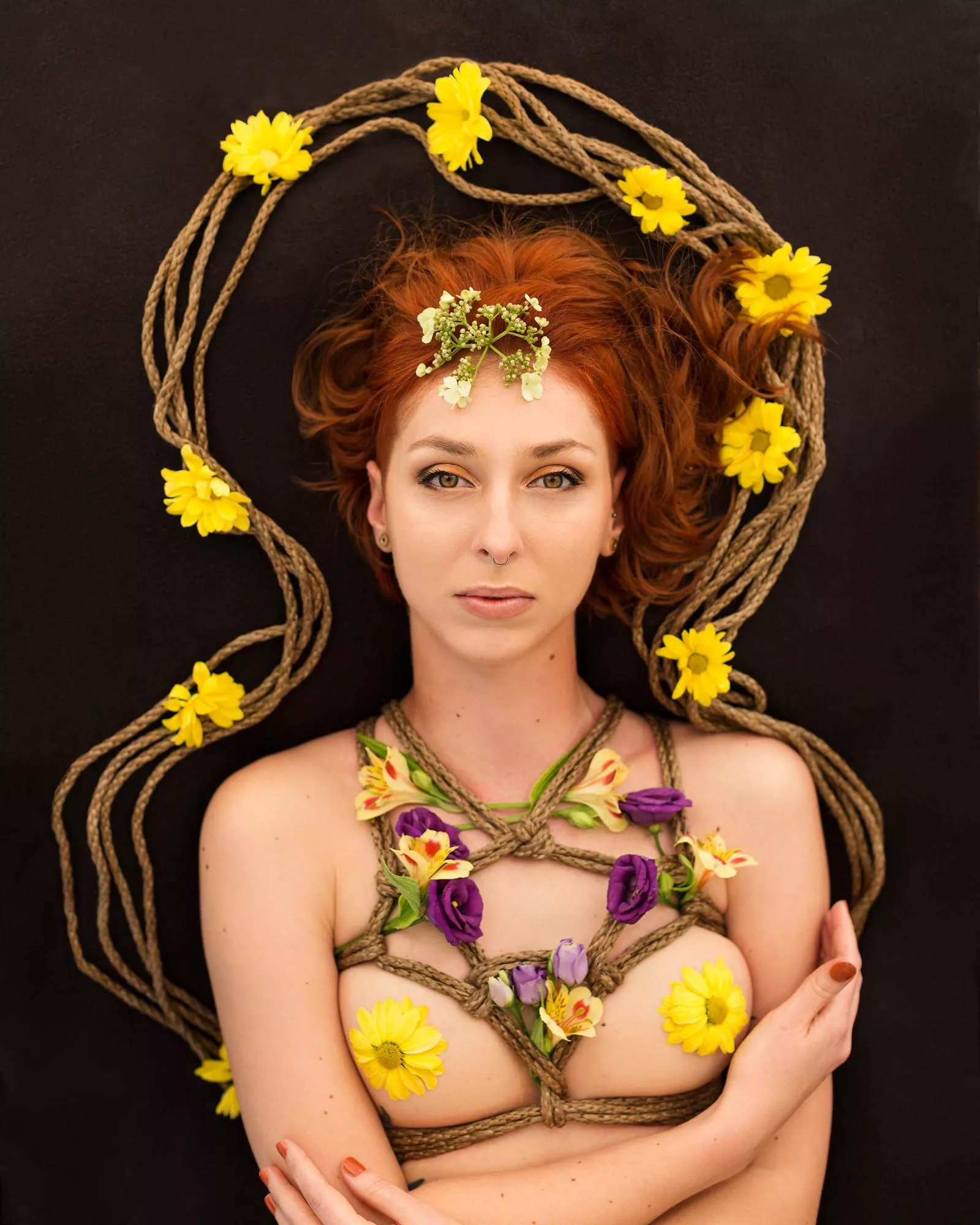 Spring Flower Bonding. Ogawa chest harness decorated with flowers. Self-rope and photography, model: dear sister of mine. 3/2021 posted by EntertainerOverall36