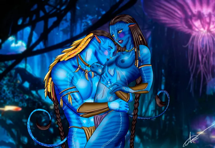 Jake licks Neytiri's nipple in the bioluminescent forest (Lee94Ana) by NastinaX