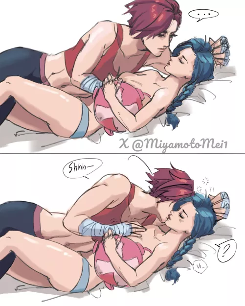 Vi and Jinx cuddling and kissing [League of Legends] (MiyamotoMei1) by EvidenceOfDespair