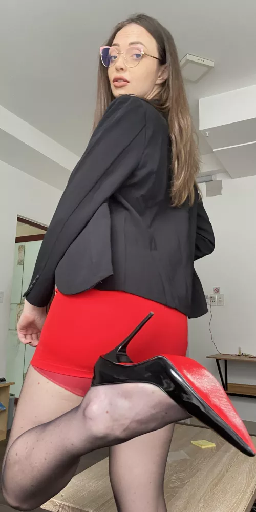 Black office jacket, tight red skirt, black nylon stockings and sharp high heels as my endlessly long legs extension by BlissfulStella