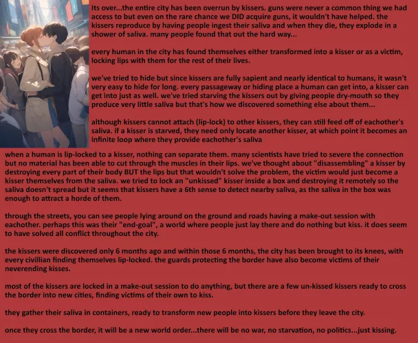 Kissers have finally taken over [Forced Kiss] [Tongue-play] [Narration] [Non-human] [Implied Transformation] [End of world] [AI Art: PixAI] by NSFWilliam69