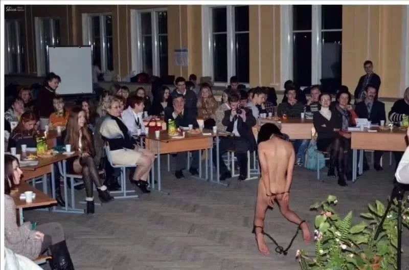 Naked, on her knees, on display for everyone to watch and enjoy. This is a whore in her natural place... posted by Financial-Run-6362