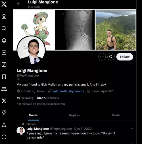The CEO shooter is allegedly called 'Luigi Mangione' and his Twitter is still up by fartpoopyummn