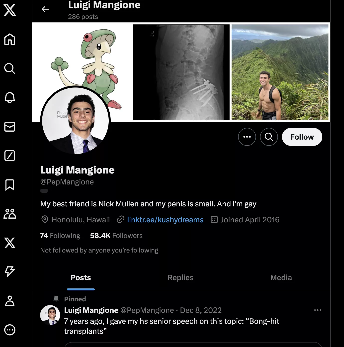 The CEO shooter is allegedly called 'Luigi Mangione' and his Twitter is still up posted by fartpoopyummn